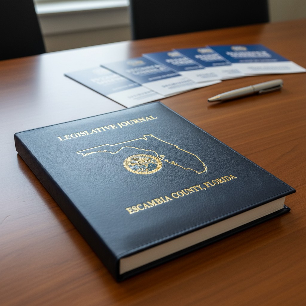 The image is portrayed by a close-up, elevated left angle view of an opened black hardcover book on a dark wood table. The...