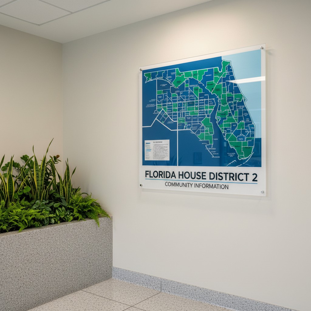 Florida House District 2 Community Information Map Poster on an Office Wall.